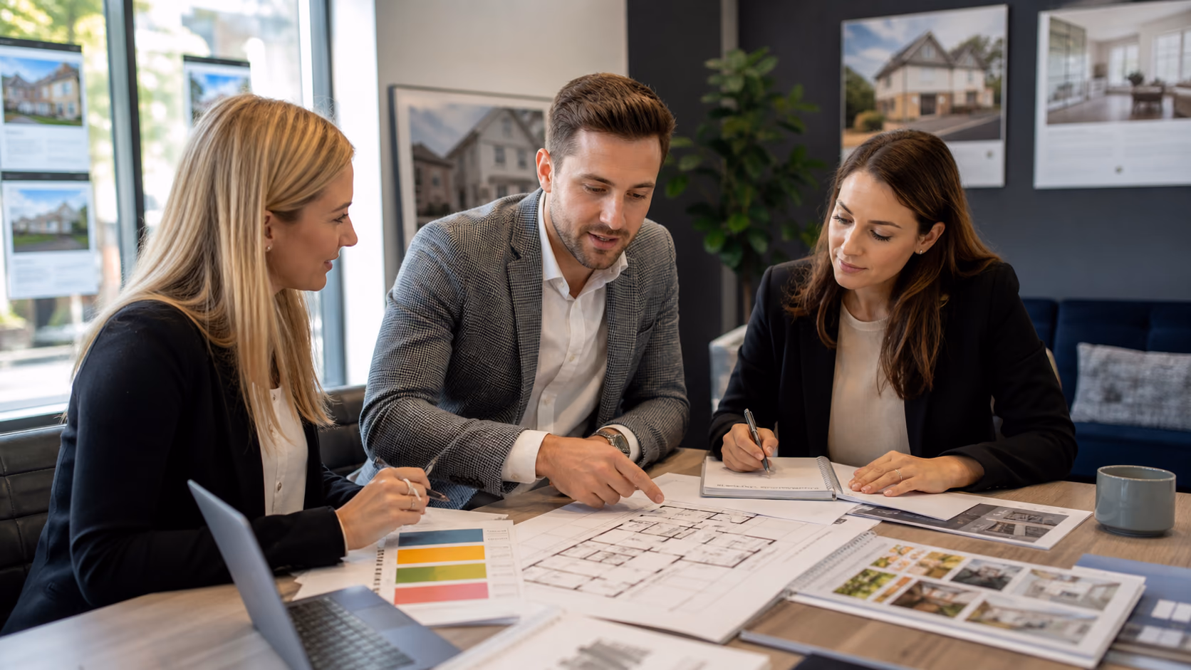 A sales team reviewing buyer readiness bands beside a printed floor plan before a property listing launch