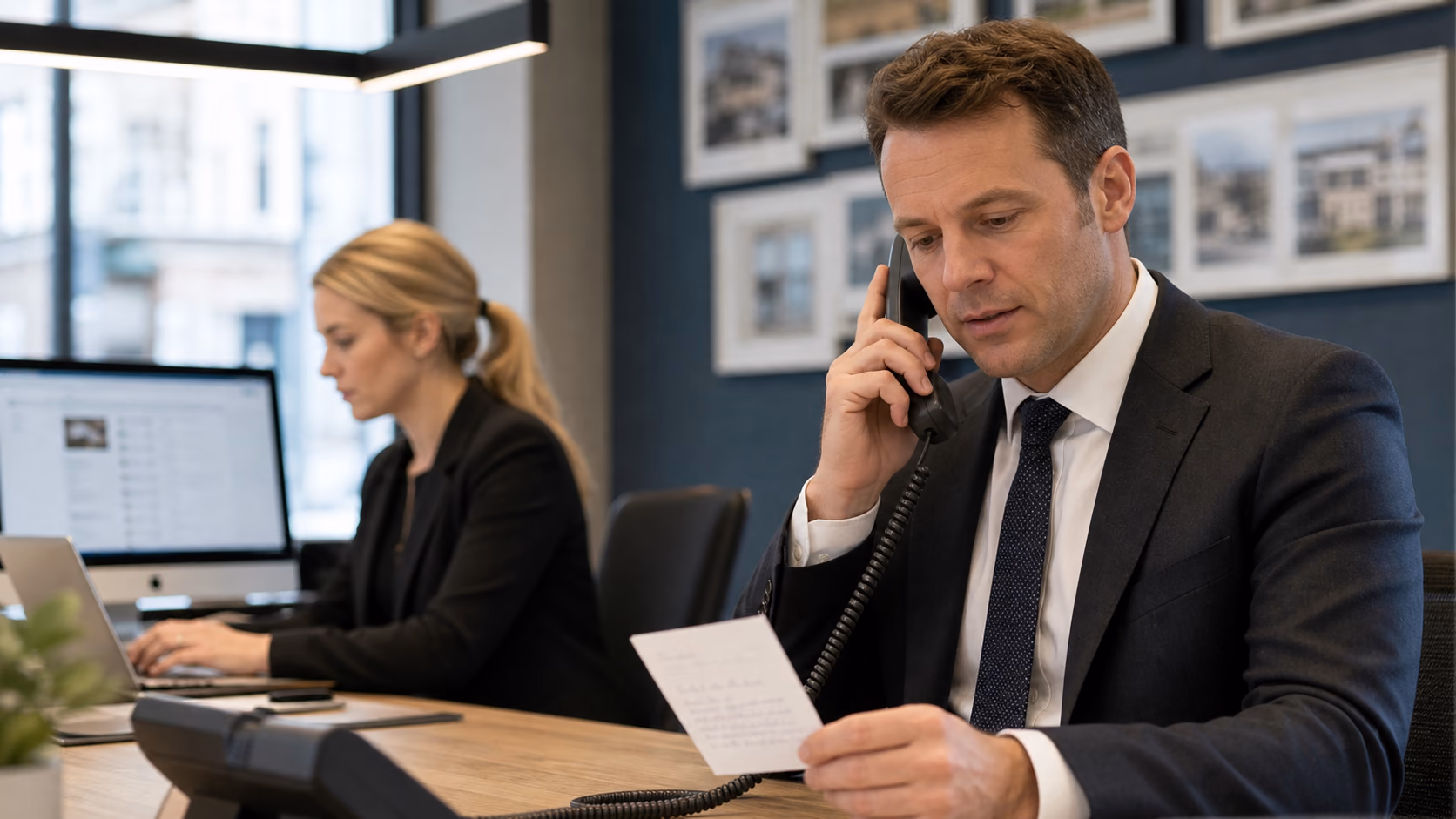 An estate agent calling a vendor with a concise demand note while a colleague checks buyer records in the background