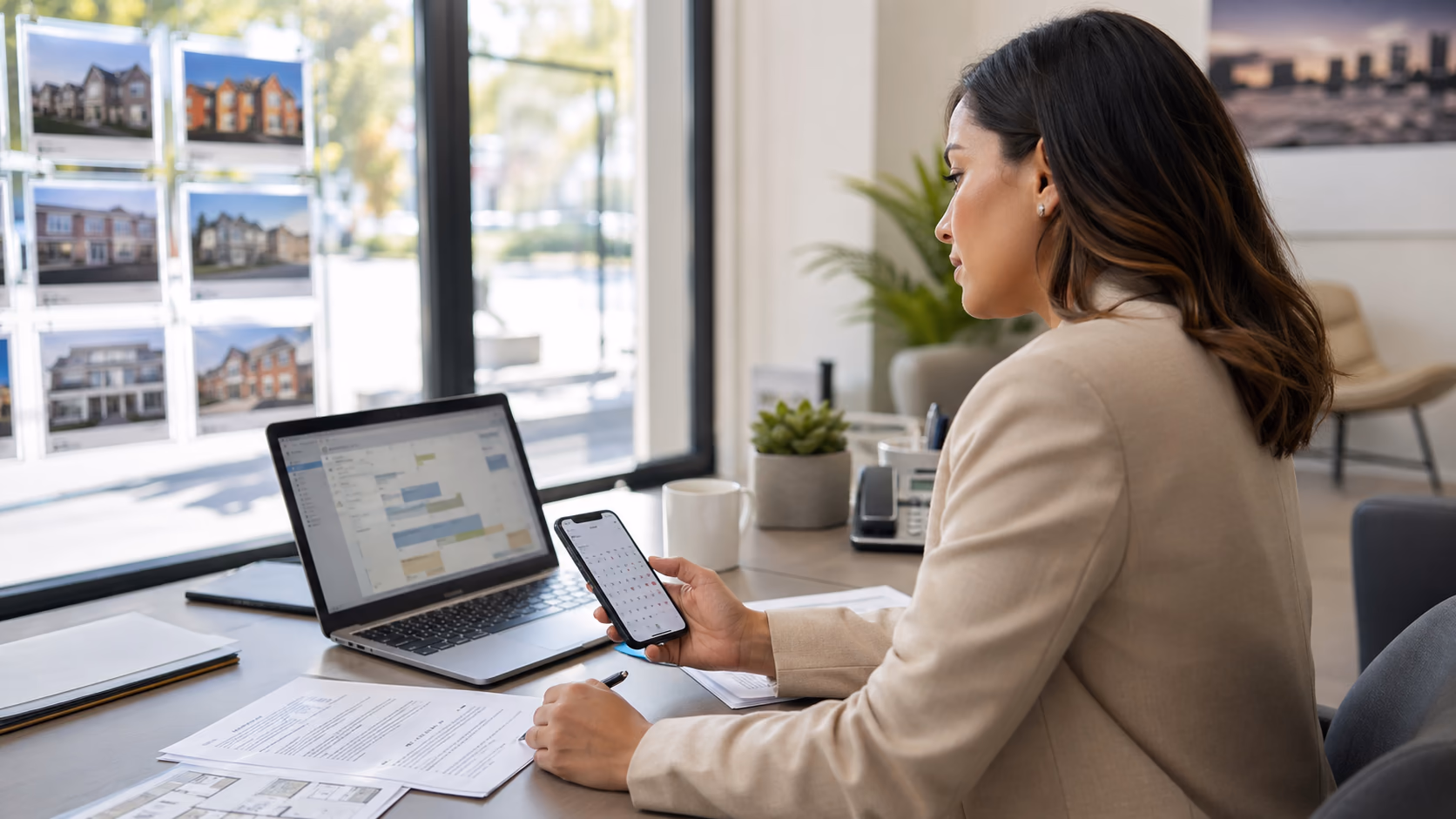 A real estate agent coordinating property viewings on a laptop while checking a phone calendar and printed access notes in a bright office