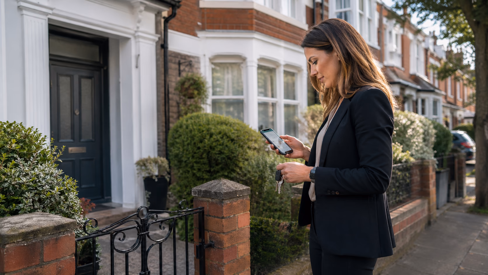 An estate agent standing outside a residential property before a viewing, checking secure access instructions and appointment details on a mobile phone