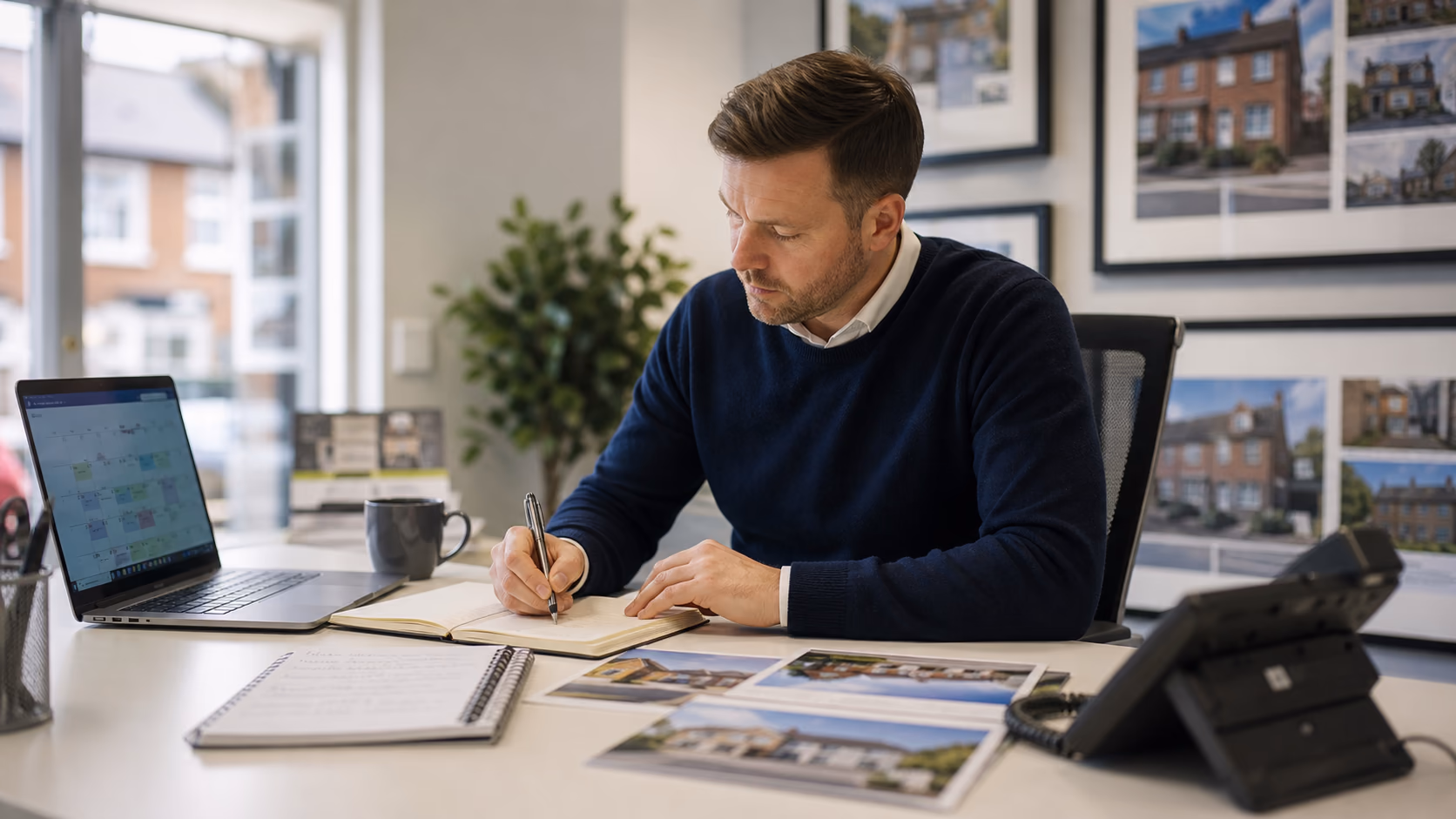 An estate agent at a desk on Monday morning reviewing a paper notebook, laptop calendar, and property viewing notes before planning the week