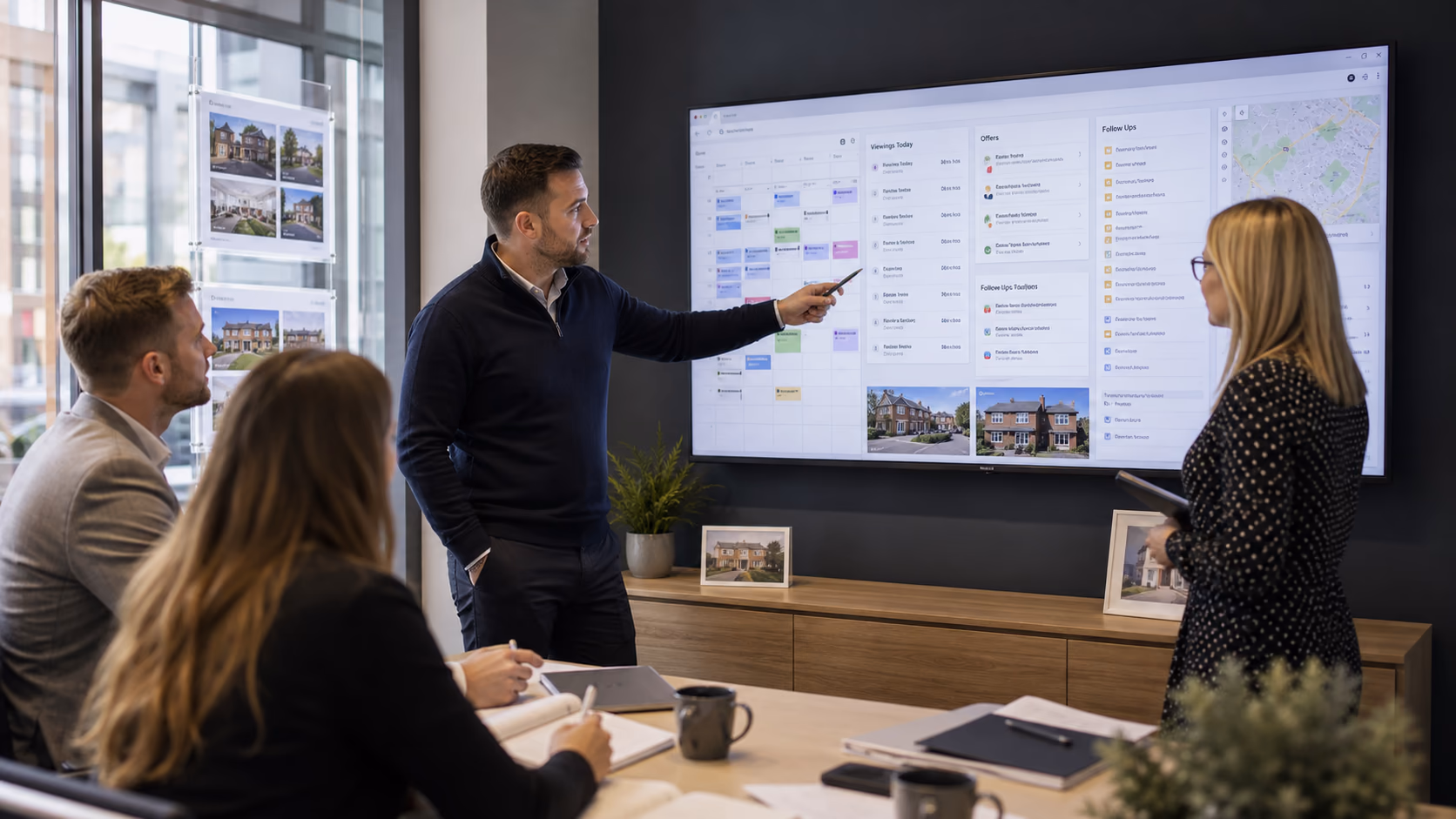 A branch team reviewing a wall display of viewing appointments, offer notes, and follow-up tasks during a midweek sales meeting
