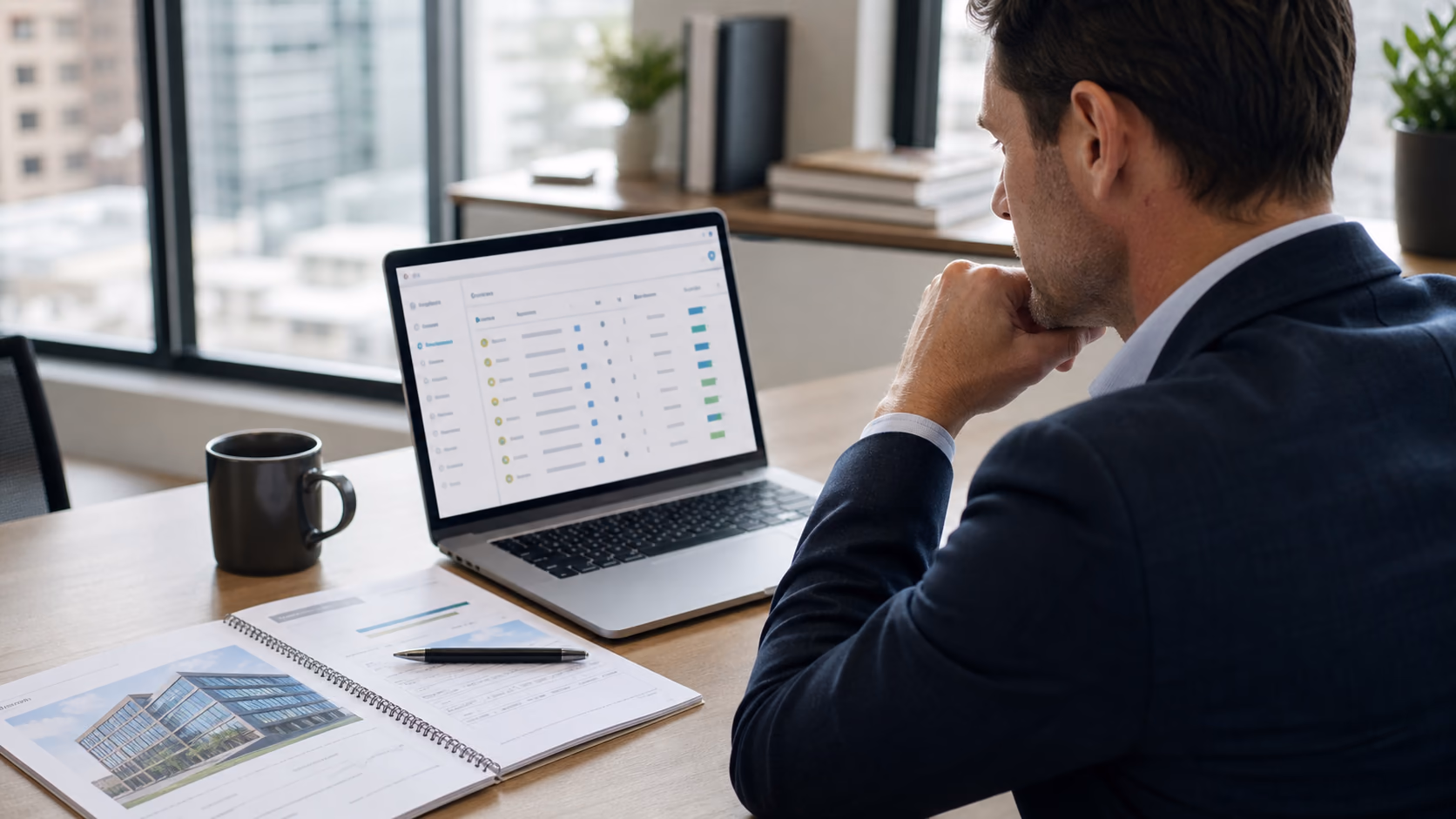 A commercial real estate agent reviewing a quiet office leasing pursuit list on a laptop beside printed property notes and a phone