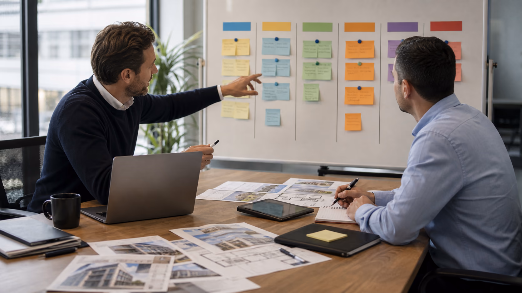 Two commercial property brokers at a meeting table sorting slow opportunities into call, wait, refresh, reassign, park, and close categories