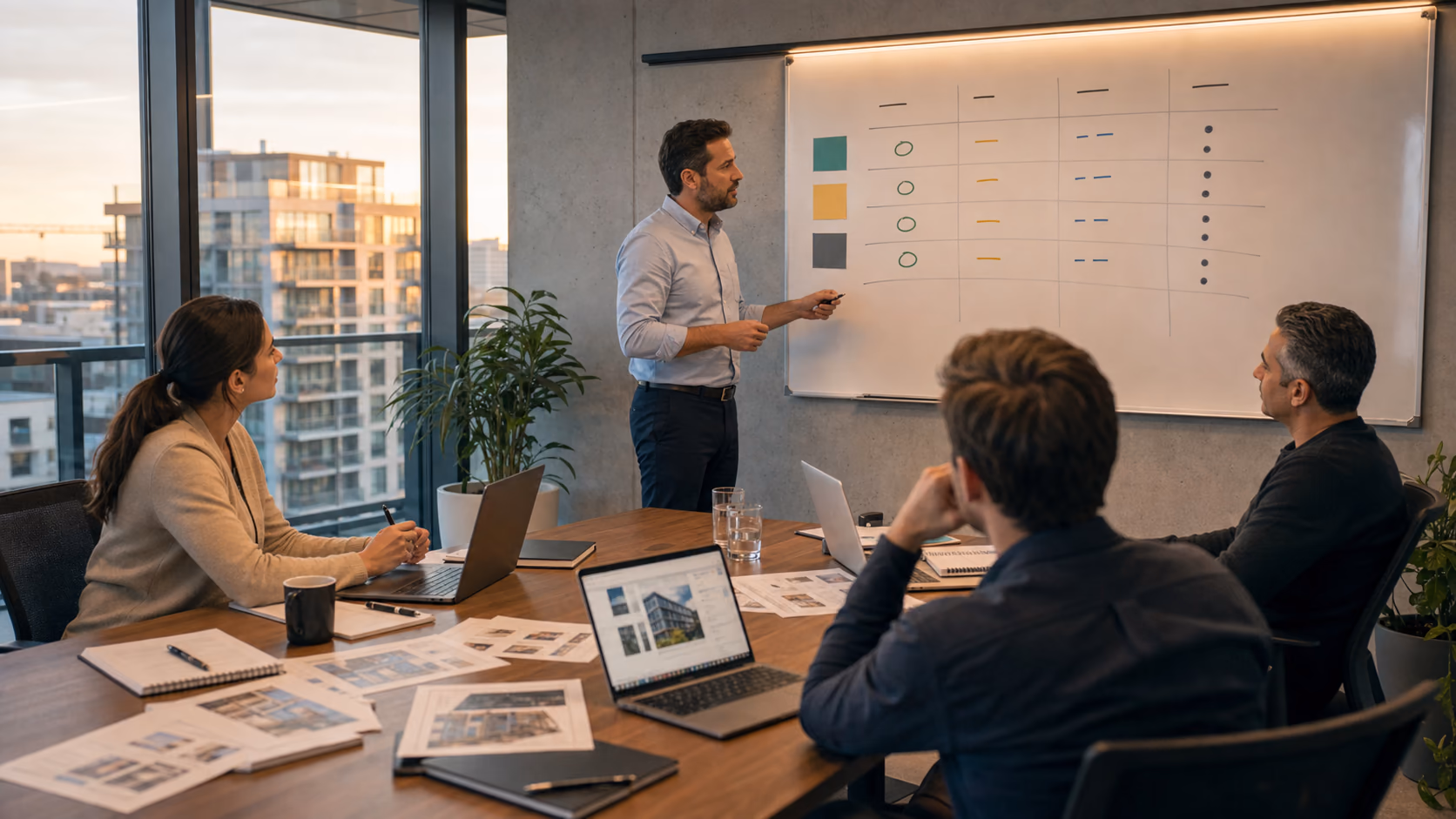 A focused commercial real estate team finishing a Friday pipeline review with a small list of calls, waiting triggers, and parked opportunities on a whiteboard