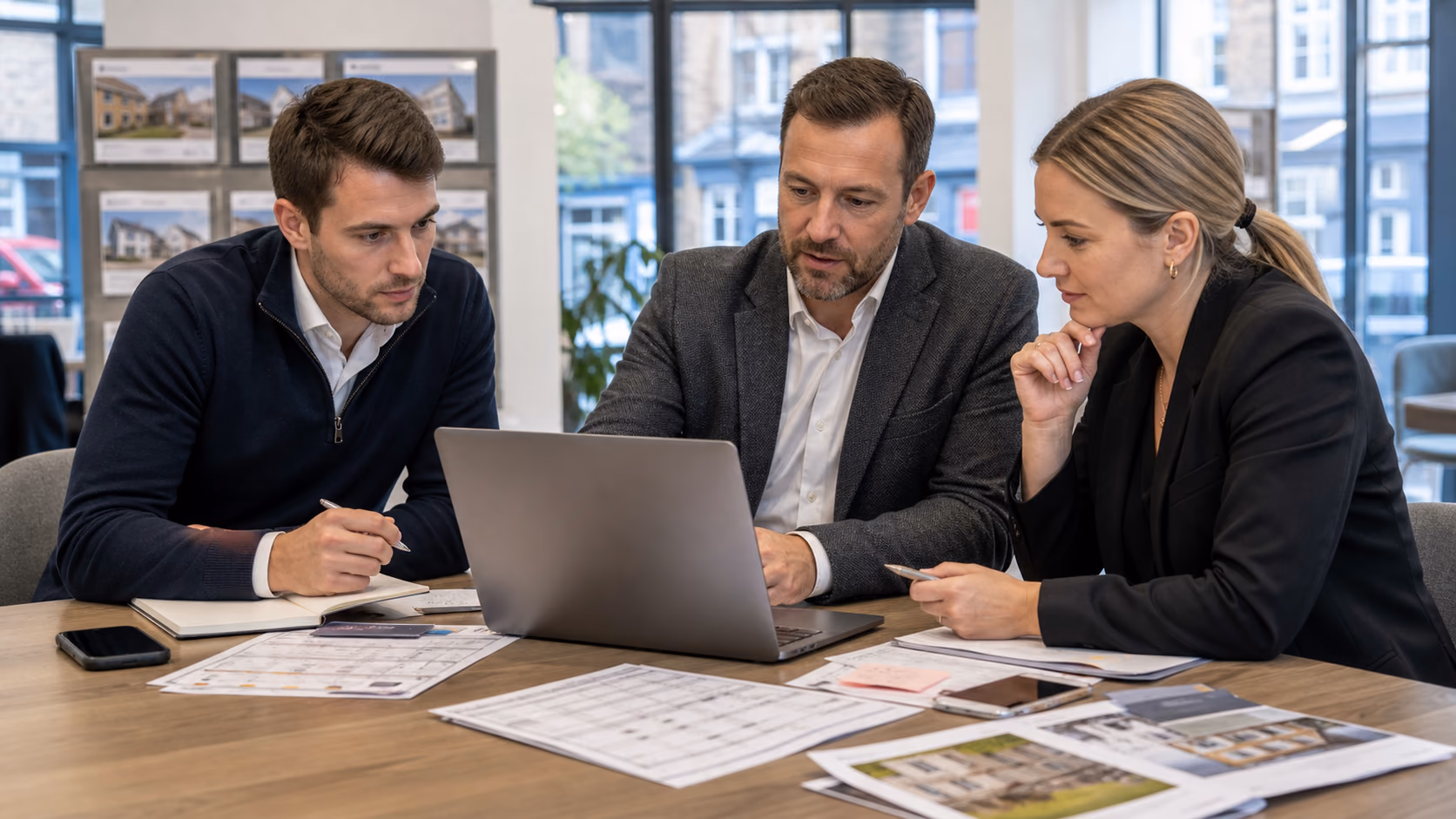 A branch manager and two agents reviewing buyer and seller exception notes on a laptop, with paper viewing schedules and phone messages nearby