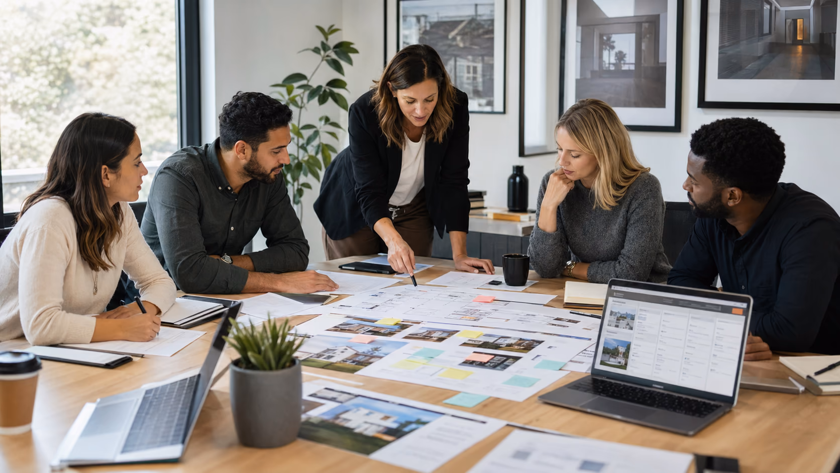 A brokerage team gathered around a meeting table mapping client journeys, property notes, and viewing schedules before choosing new software