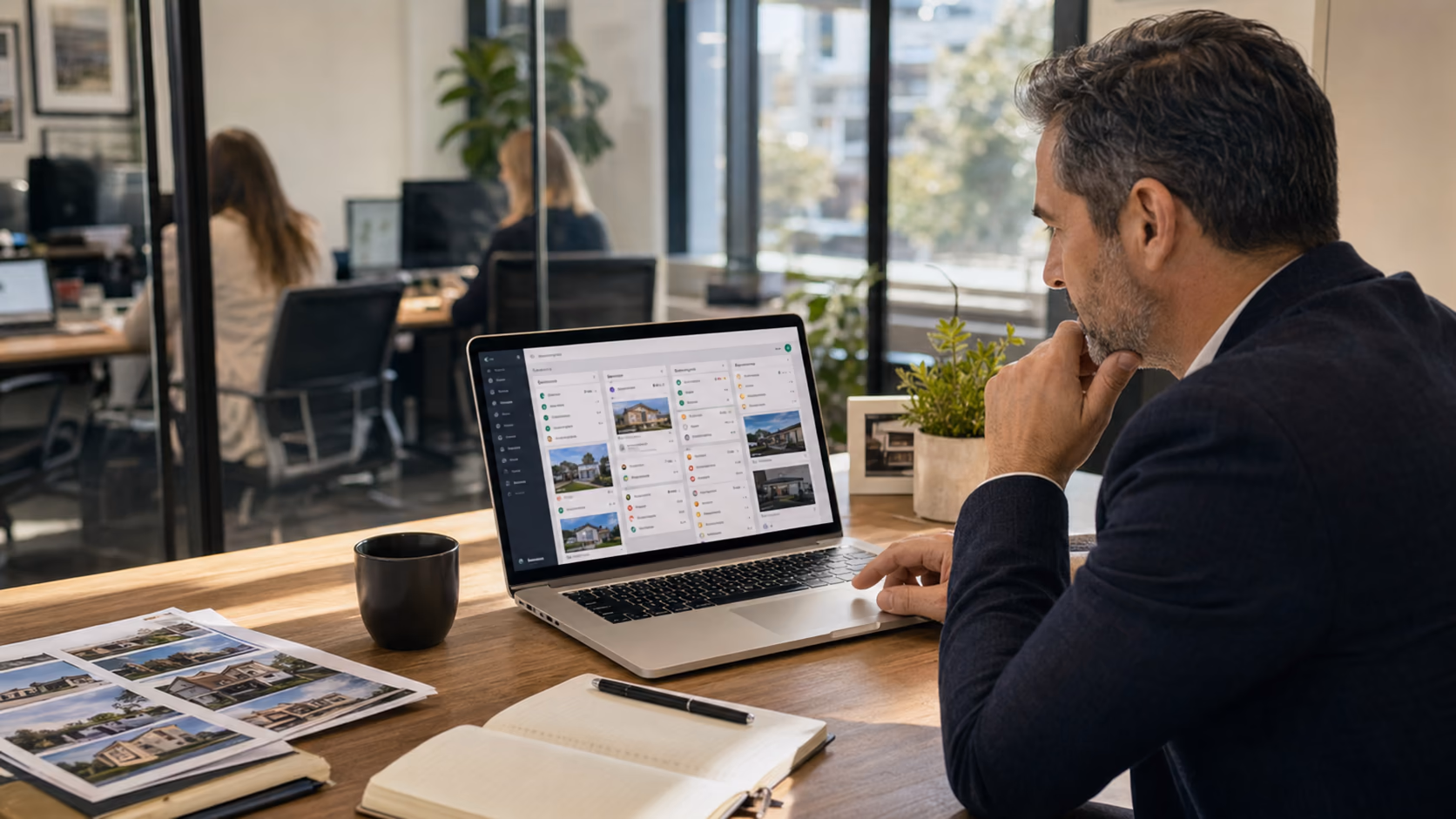 A manager reviewing a shared real estate pipeline with structured contact details, viewing feedback, and task priorities on a laptop in a modern office