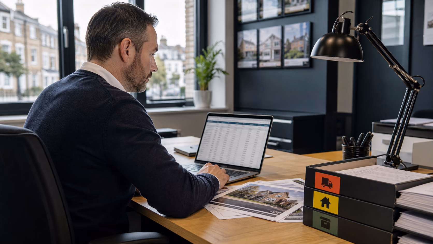 An agency owner reviewing exported contact records on a laptop beside printed property files and coloured move quarantine archive labels