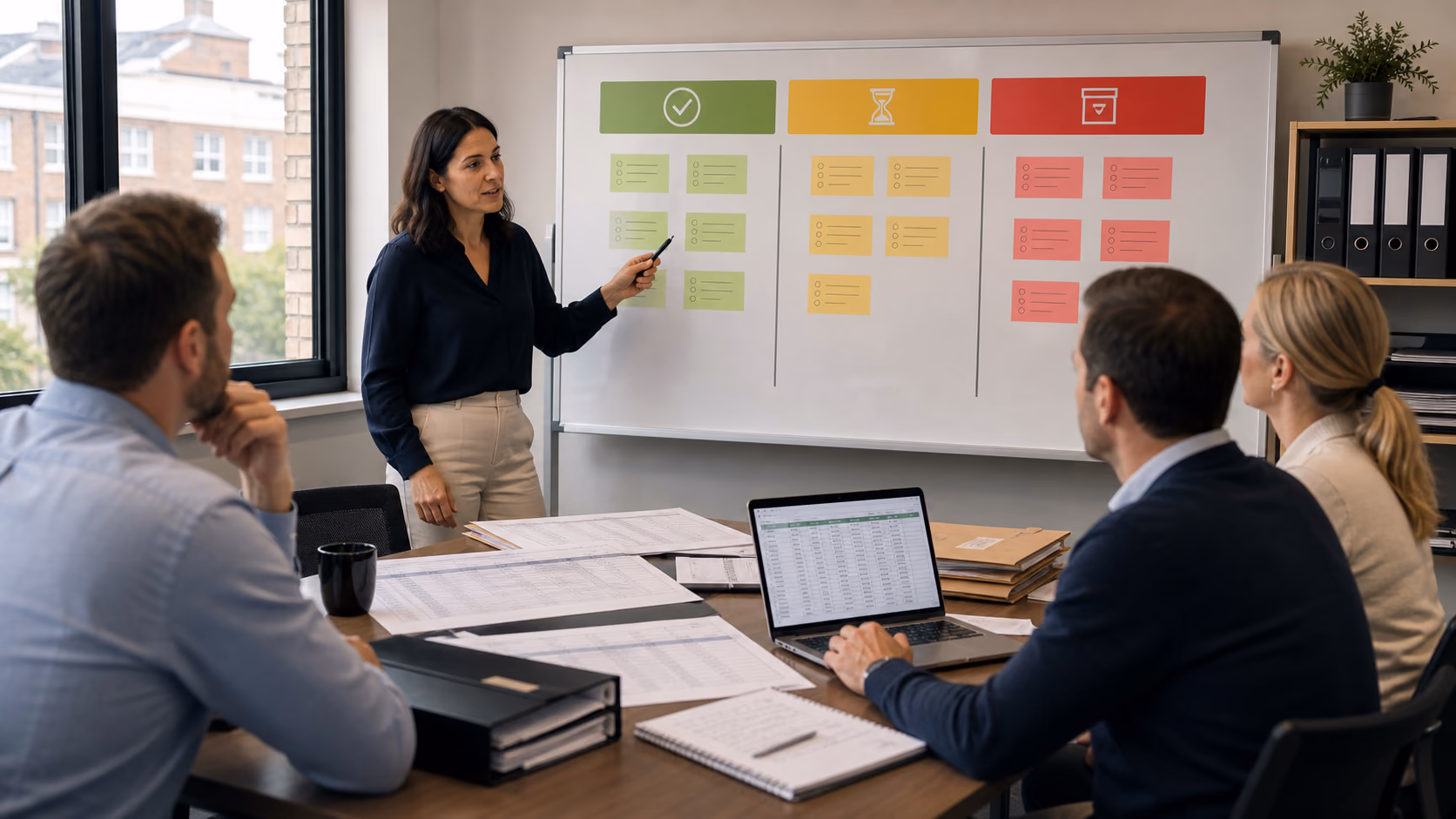 A real estate operations manager sorting agency records into move quarantine and archive columns on a whiteboard during a database migration review