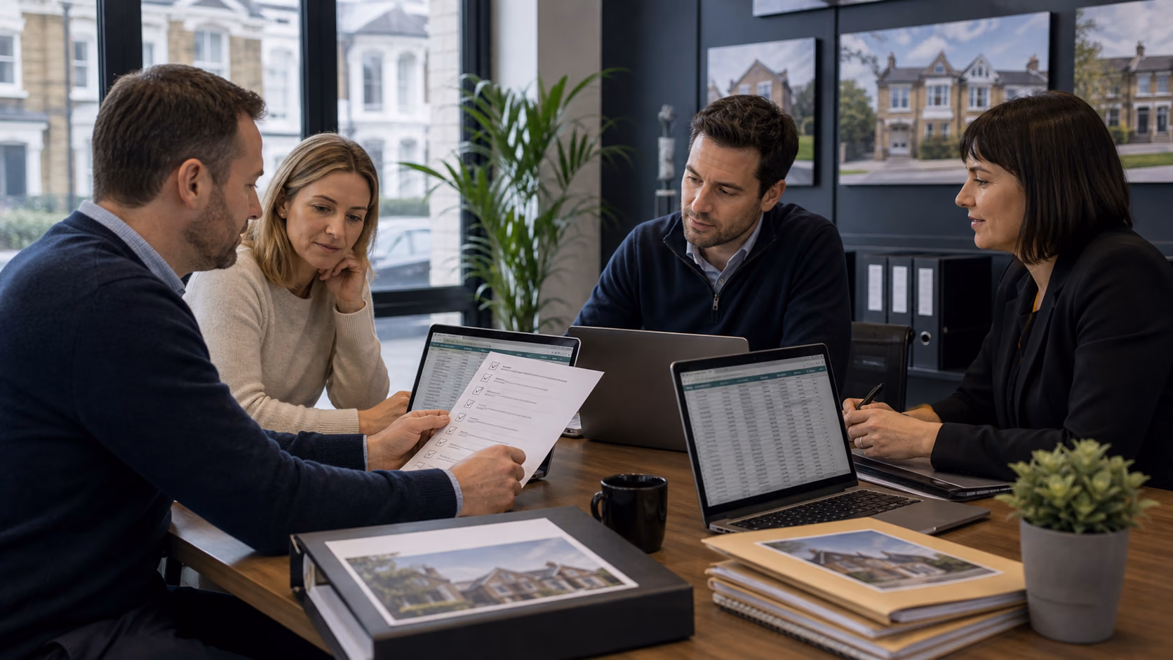 A small real estate team reviewing a short import exclusion checklist around a conference table with laptops and property folders