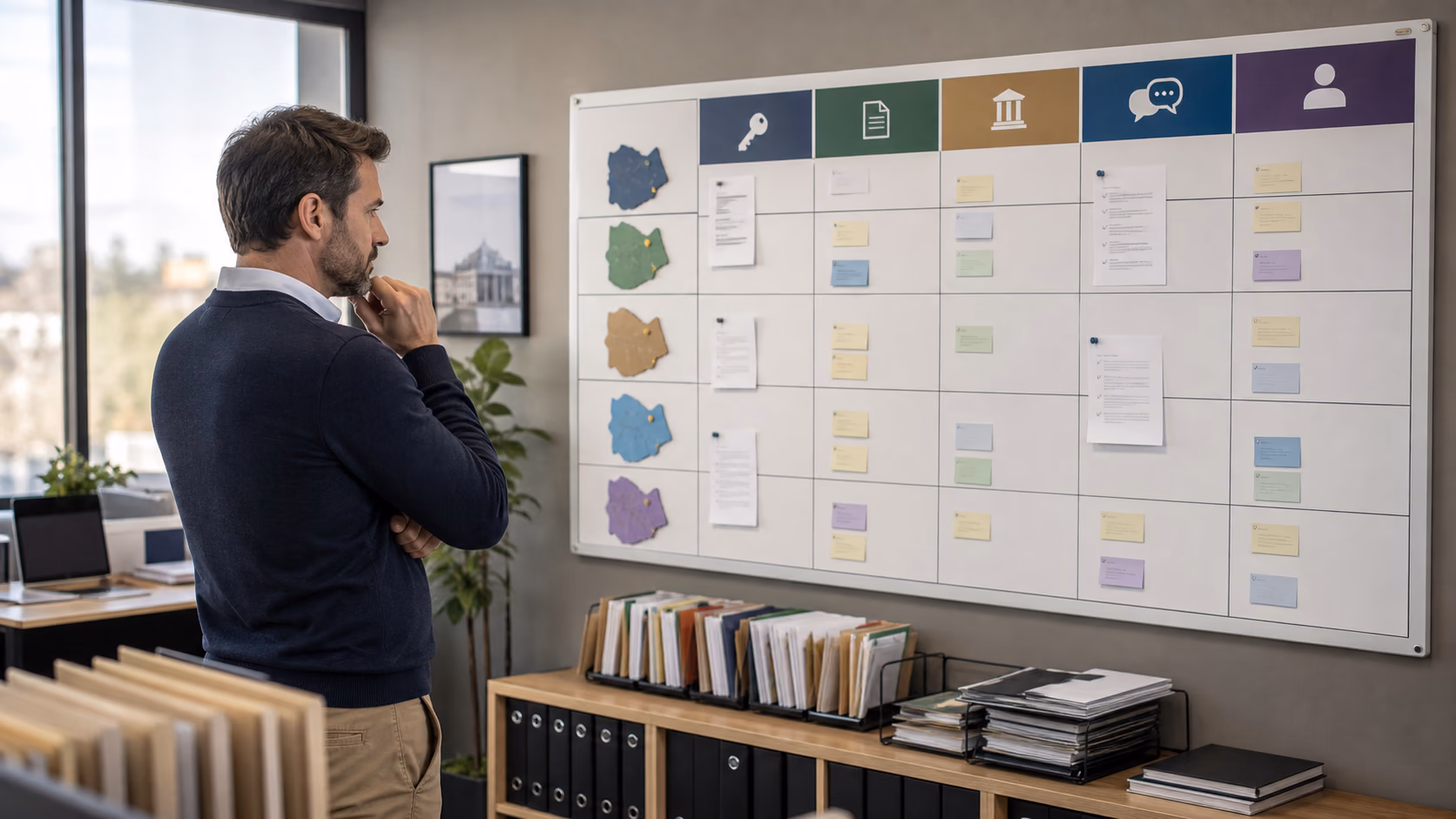 An agency owner comparing regional branch requirements on a wall board with columns for permissions, documents, trust money, terminology, and manager review points