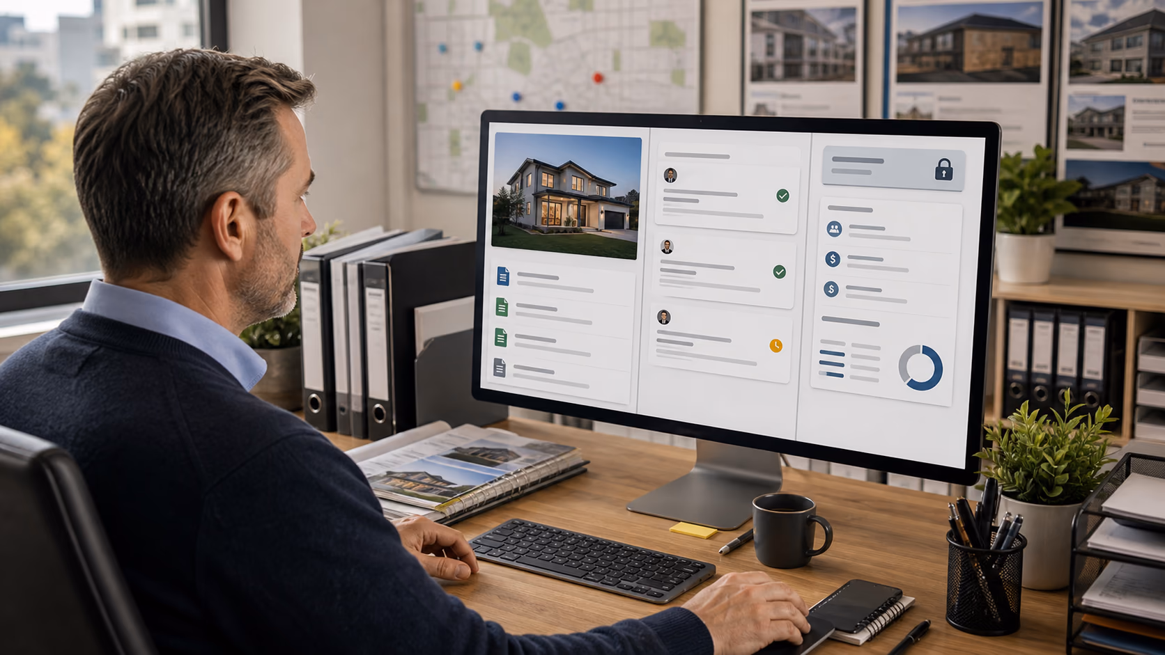 A real estate branch manager reviewing a property file with regional compliance documents, approval notes, and restricted finance details visible on separate panels