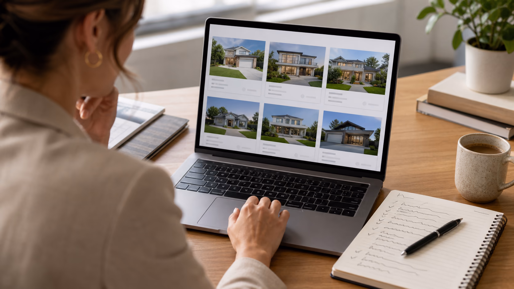 A real estate agent reviewing a short buyer shortlist on a laptop before sending property options, with handwritten call notes beside the keyboard