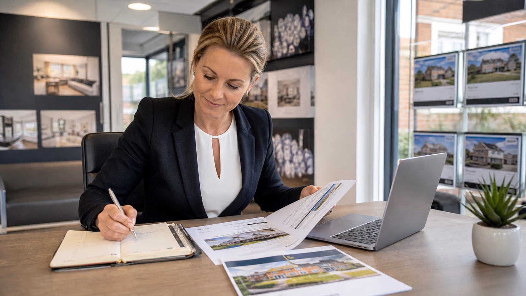 A UK estate agent at a desk preparing a vendor update with printed viewing notes, a diary, and a laptop open beside a property brochure