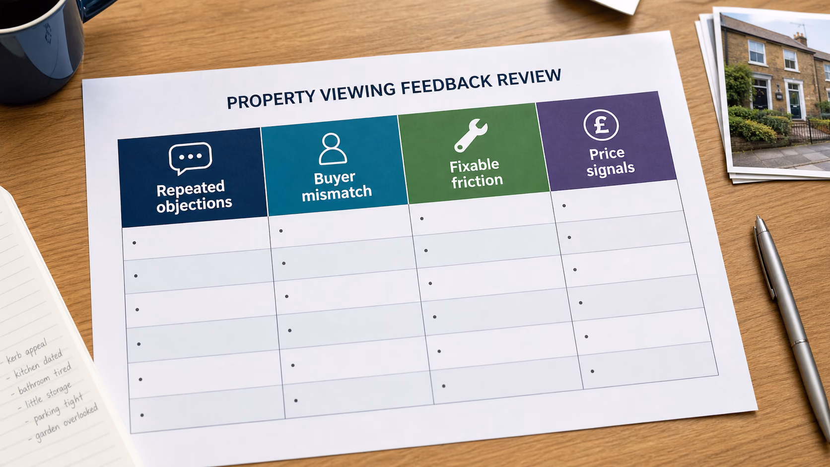 A printed table grouping UK property viewing feedback into repeated objections, buyer mismatch, fixable friction, and price-positioning signals