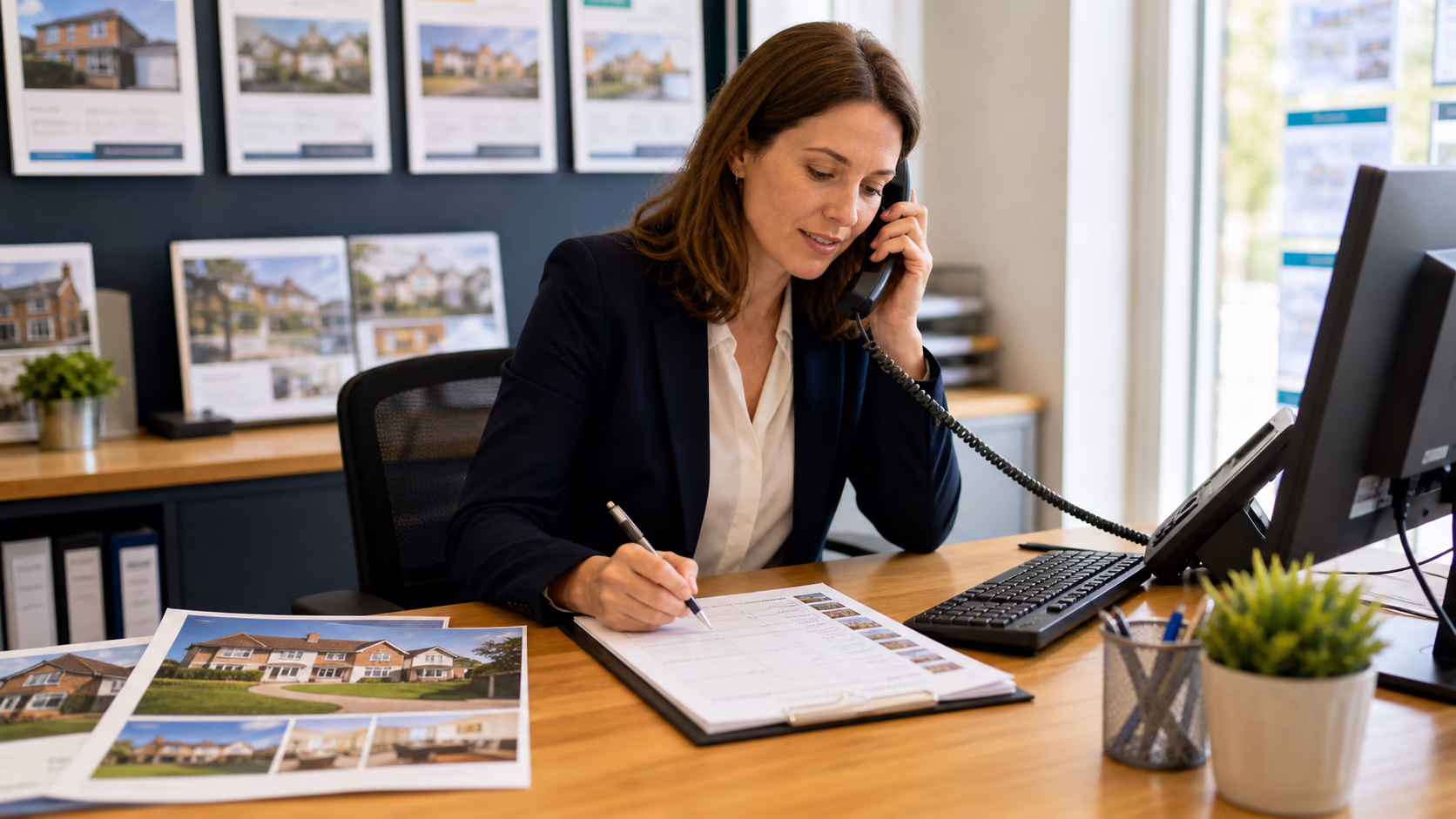 A UK estate agent on a phone call with a vendor while marking agreed next actions on a property viewing review sheet