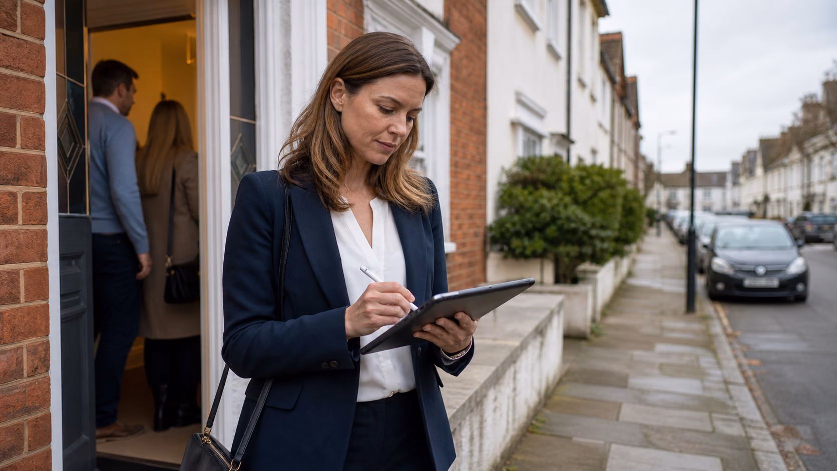 An estate agent leaving a property viewing while adding buyer feedback notes to a tablet on a quiet residential street