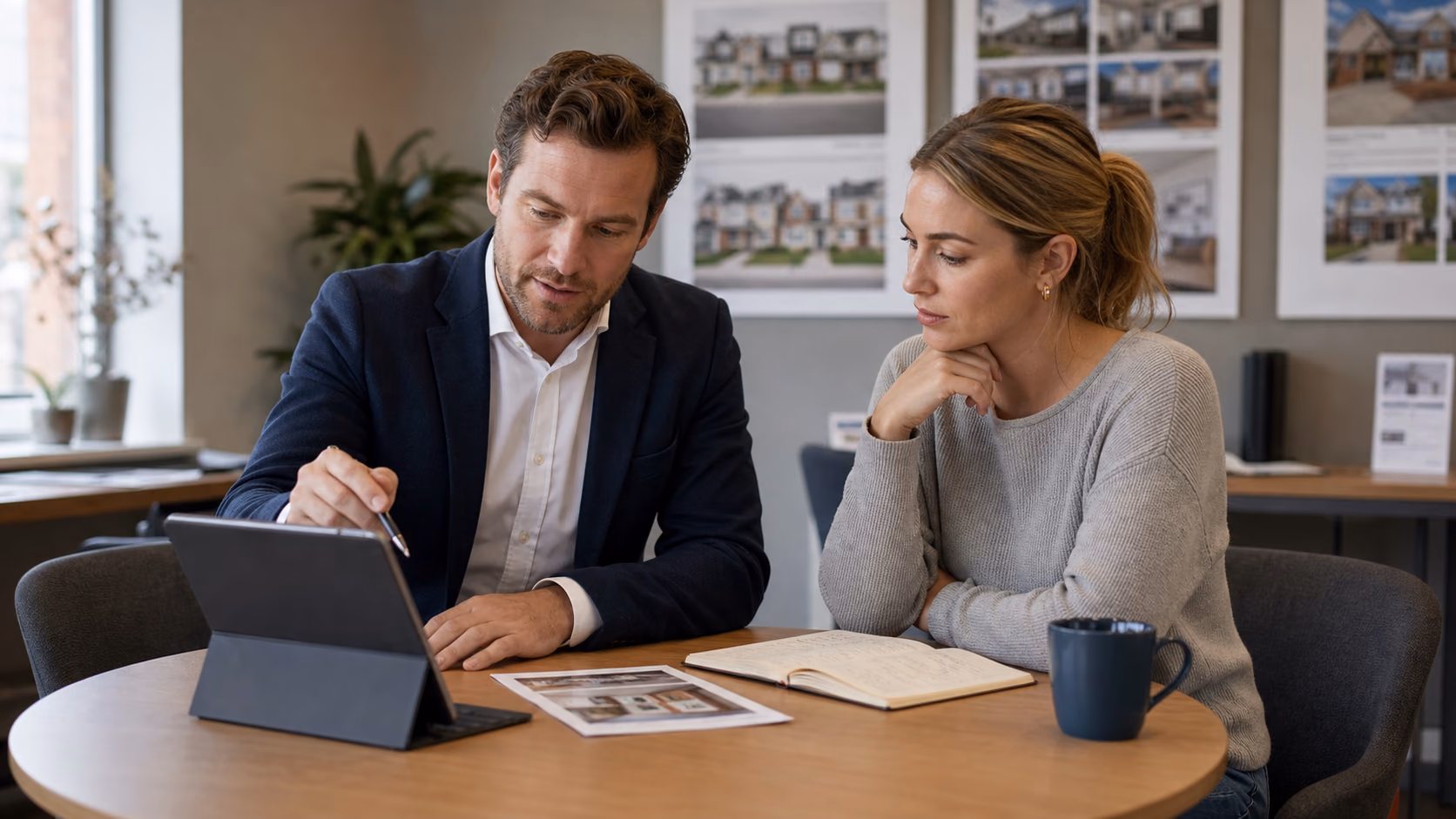 A real estate agent and buyer reviewing property notes together at a small office table after several unsuccessful viewings