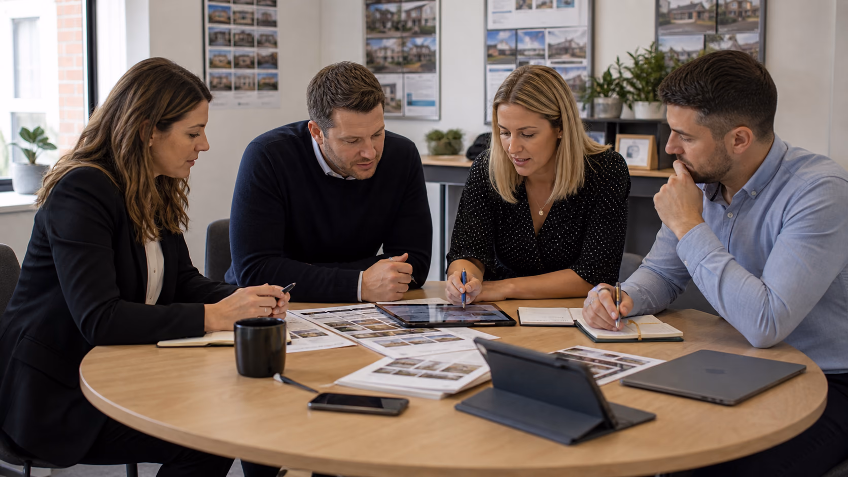 A small estate agency team reviewing buyer viewing outcomes and match notes on a meeting table before planning next calls