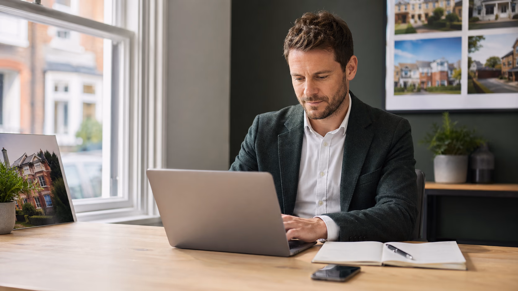 A solo real estate agent reviewing a small client list on a laptop beside a notebook and phone in a quiet office