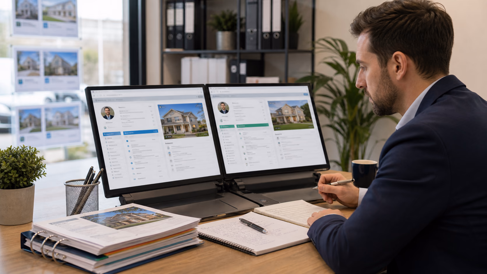 A real estate agent comparing two client records for the same person, with buyer notes on one side and landlord instructions on the other