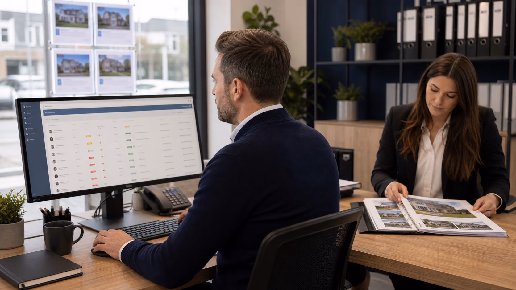A branch manager filtering a CRM exception list for unclear client authority while an agent checks a property file nearby