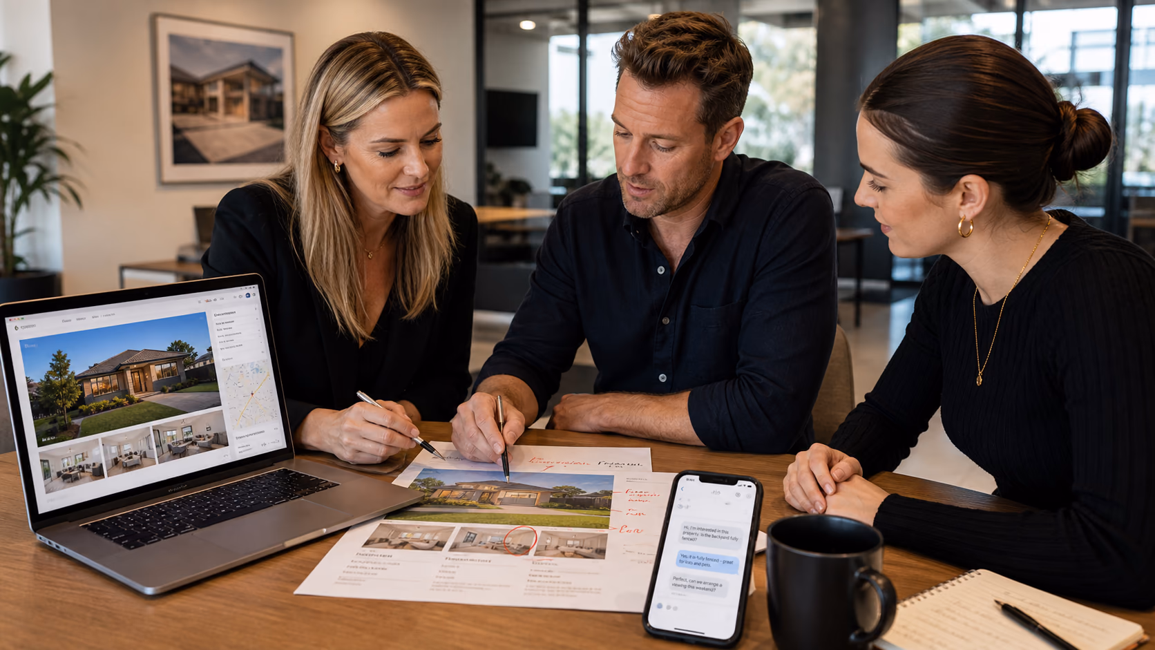 An Australian agency team reviewing a live property listing correction beside a laptop, marked-up listing printouts, and a phone showing a buyer enquiry