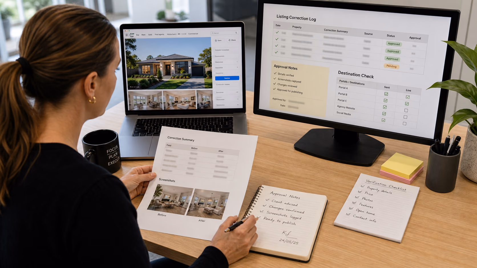 A real estate administrator comparing a public property portal page with an internal correction log, with screenshots, approval notes, and destination checkboxes visible on a desk