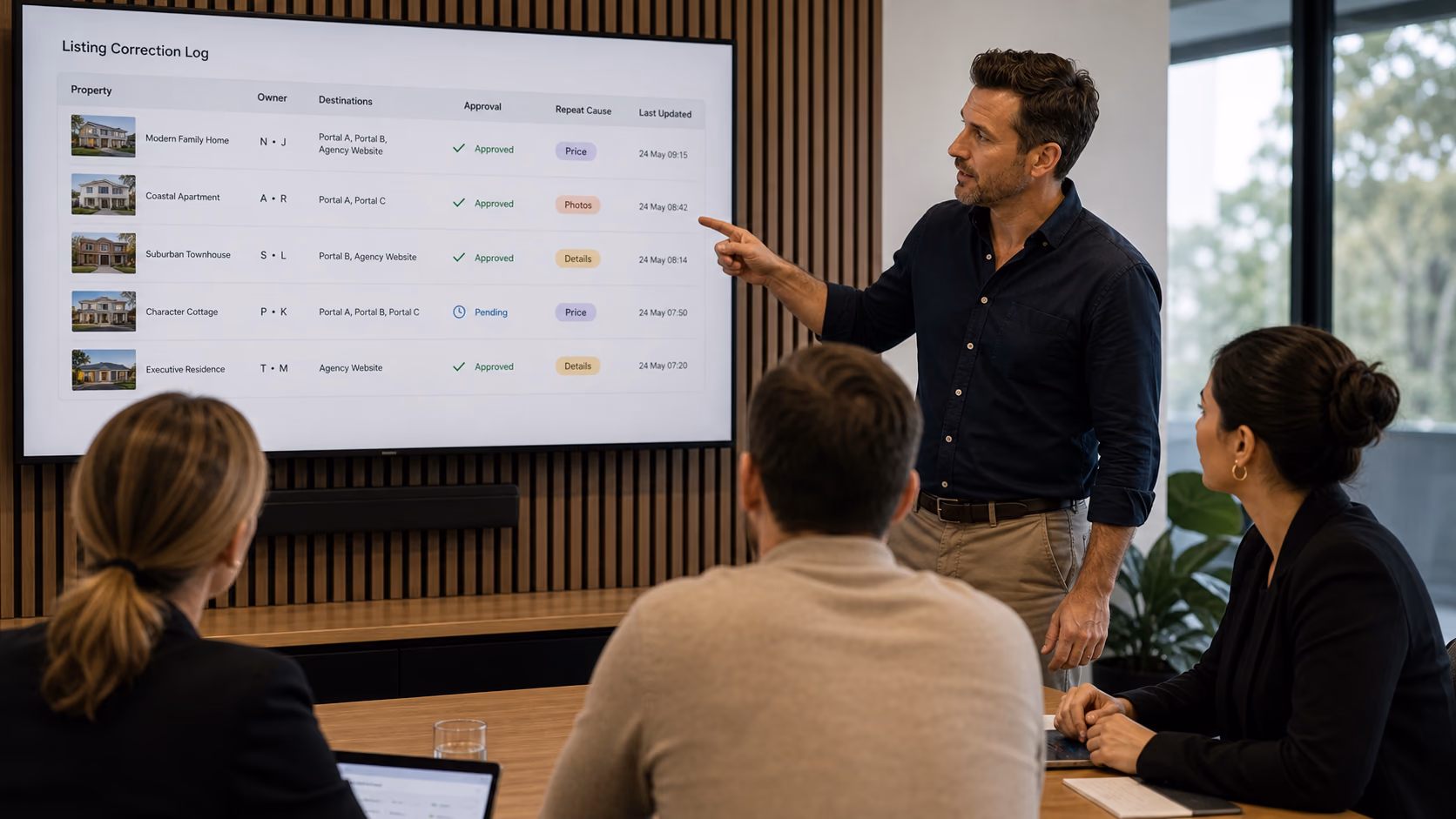 A branch manager reviewing a short correction log for live property listings with owners, destinations, approval states, and repeat causes on a shared screen
