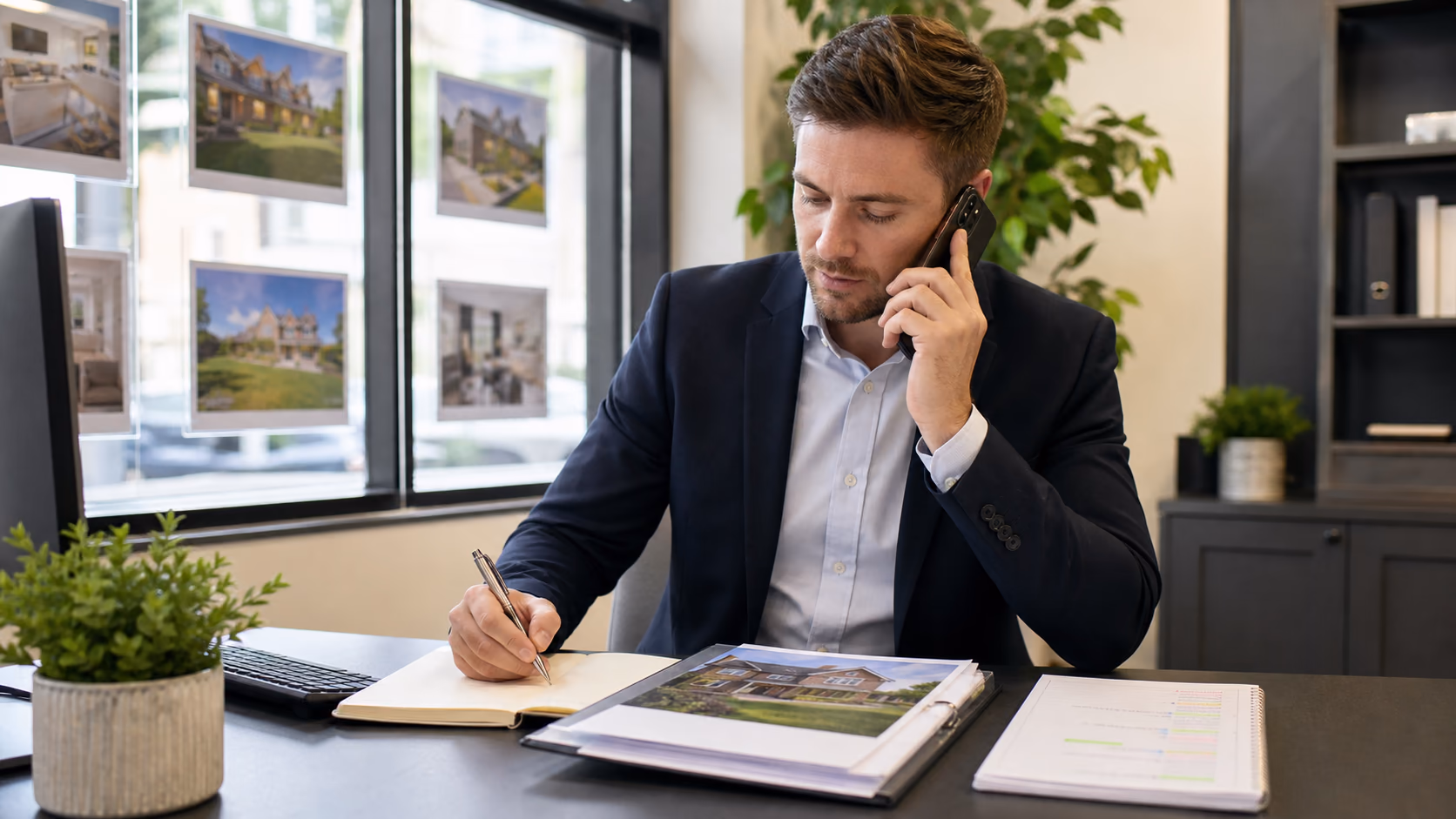An estate agent on a phone call at a desk with offer notes, a property file, and a buyer follow-up list open beside them