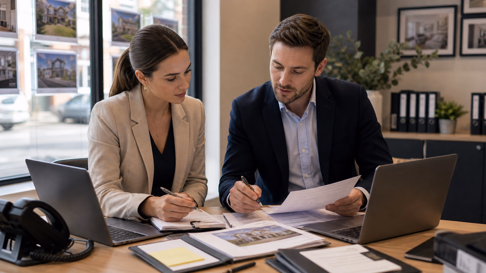 Two real estate agents reviewing competing offer notes in a quiet branch office while preparing buyer update calls