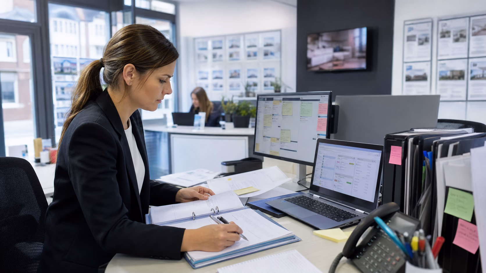A UK letting agent reviewing tenancy dates, safety certificate reminders, rent review notes, and landlord messages across several property files in a branch office