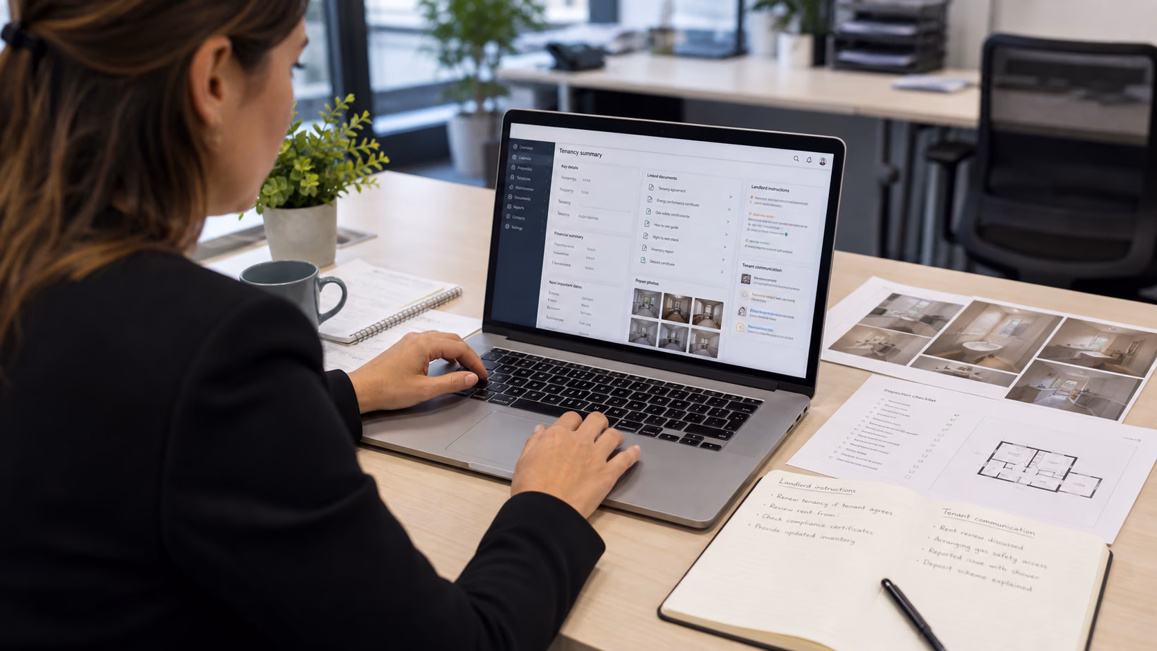 A property manager comparing a current tenancy summary with linked documents, repair photos, landlord instructions, and tenant communication notes on a laptop