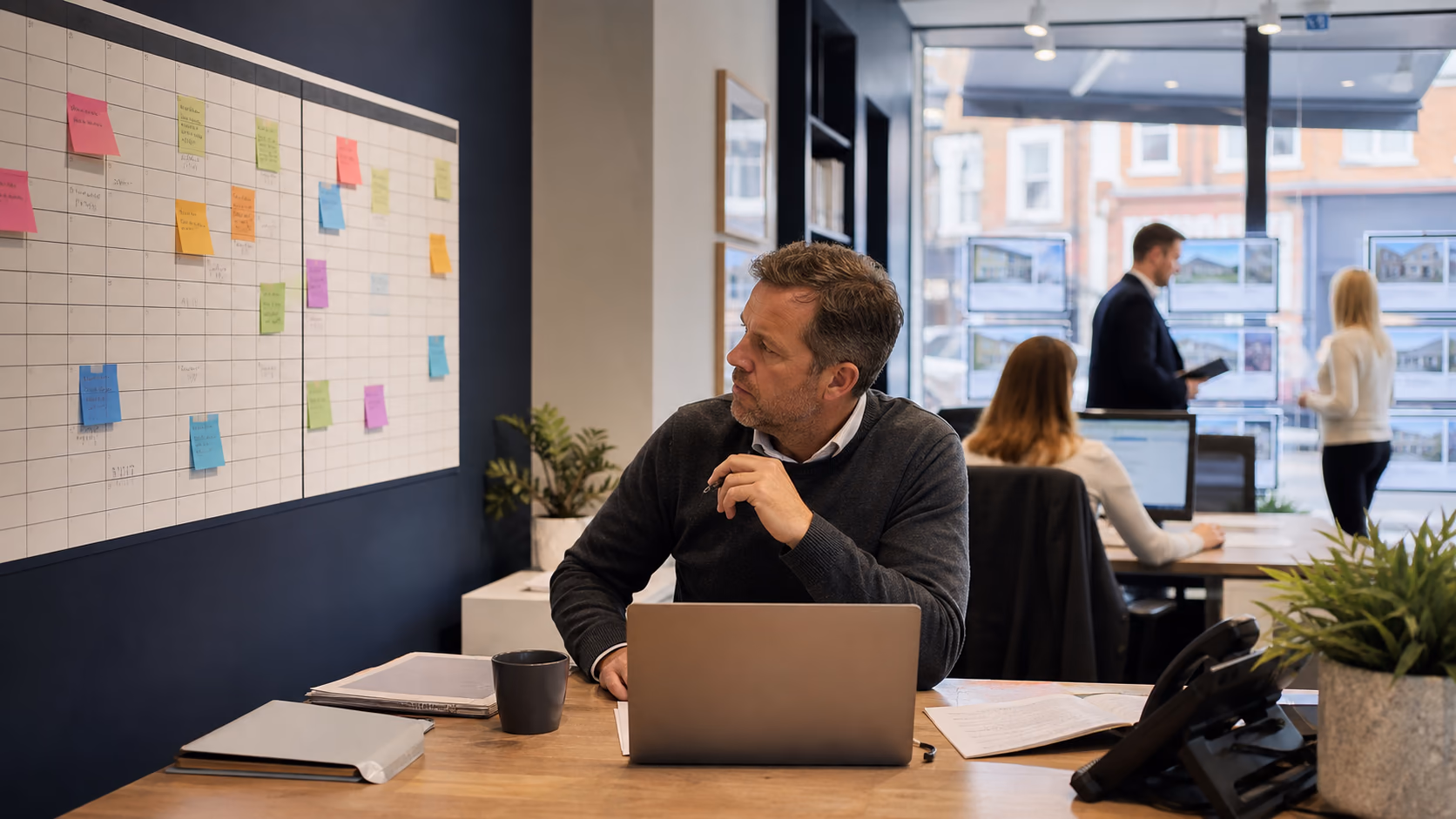 An estate agency owner reviewing a wall planner with coloured pause-point notes beside a laptop in a busy branch office