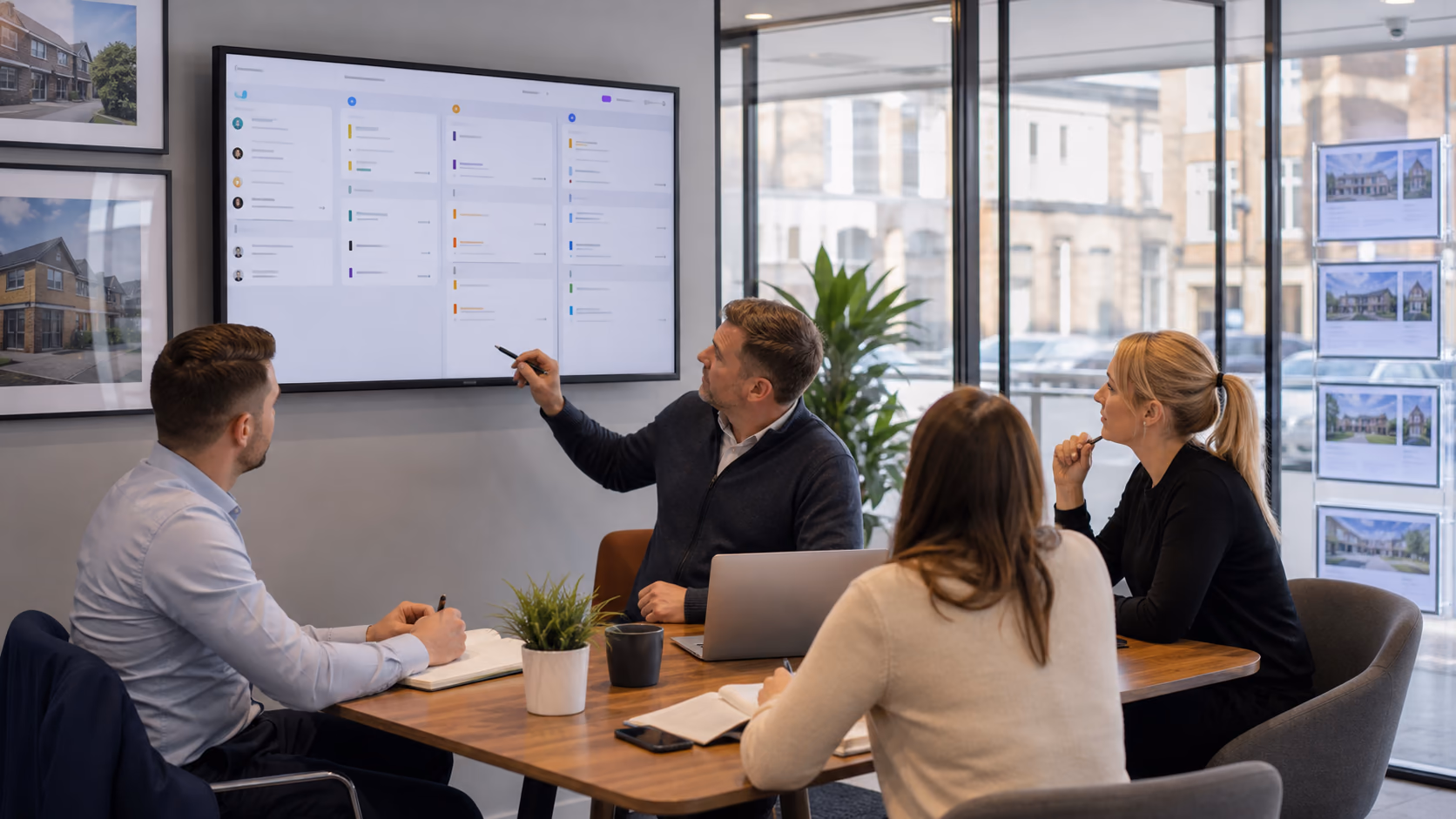 A branch team reviewing paused automation items on a shared screen during a short morning operations meeting