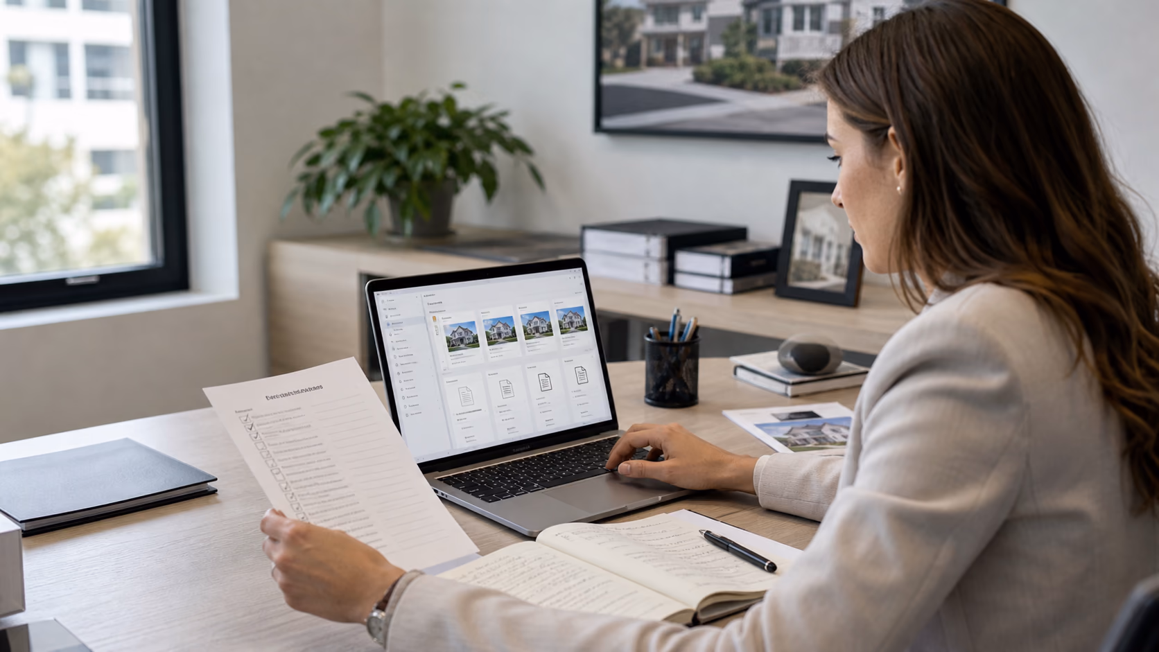 A property manager comparing a listing checklist with uploaded documents and seller notes on a laptop, modern office setting