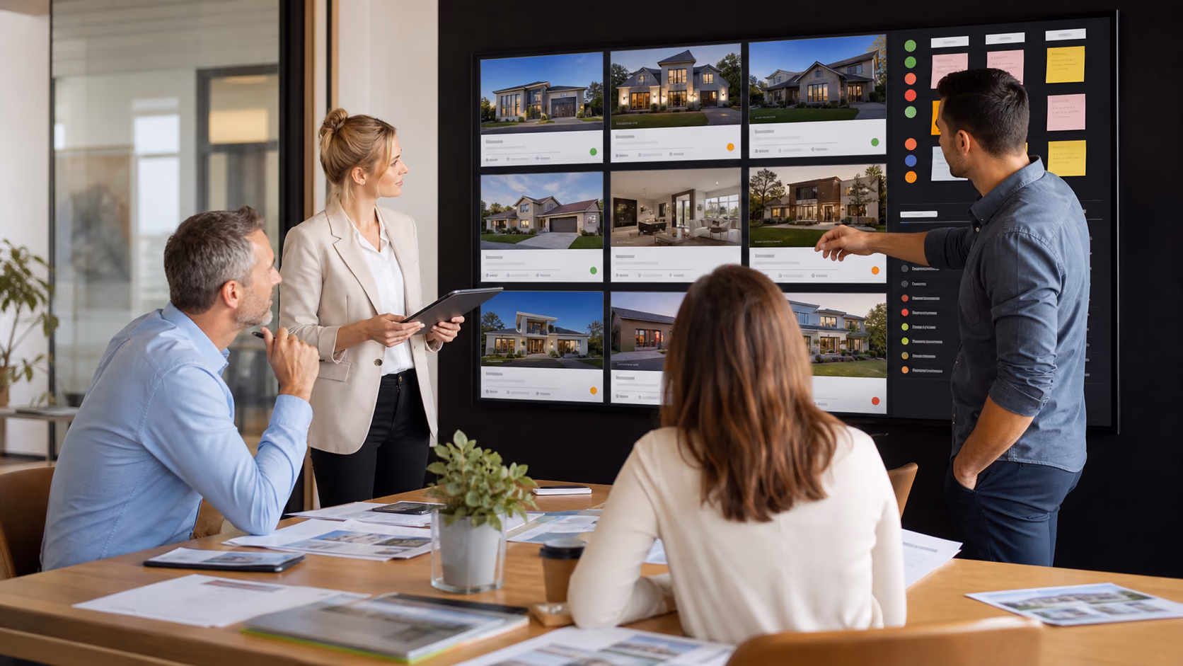 A brokerage team gathered around a table reviewing a wall display of active property listings, status notes, and follow-up tasks